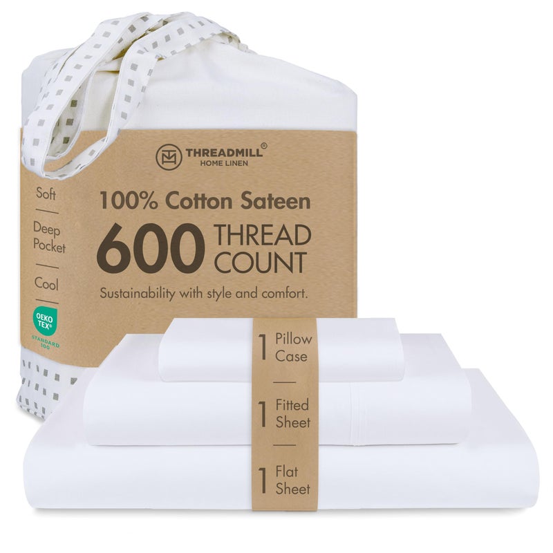 Threadmill 100% Cotton Sheets for Twin XL Size Bed - 600 Thread Count Twin XL Bed Sheets Set with 15â€ Deep Pocket - Sateen Weave 3-Piece Bedding Set with Cooling Effect, White - Image 1